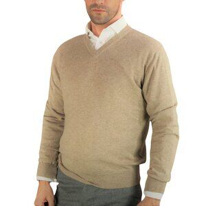 Scotland Cashmere 2-ply Sweater V-neck Pullover Sleeves Tan Men's Small Unisex